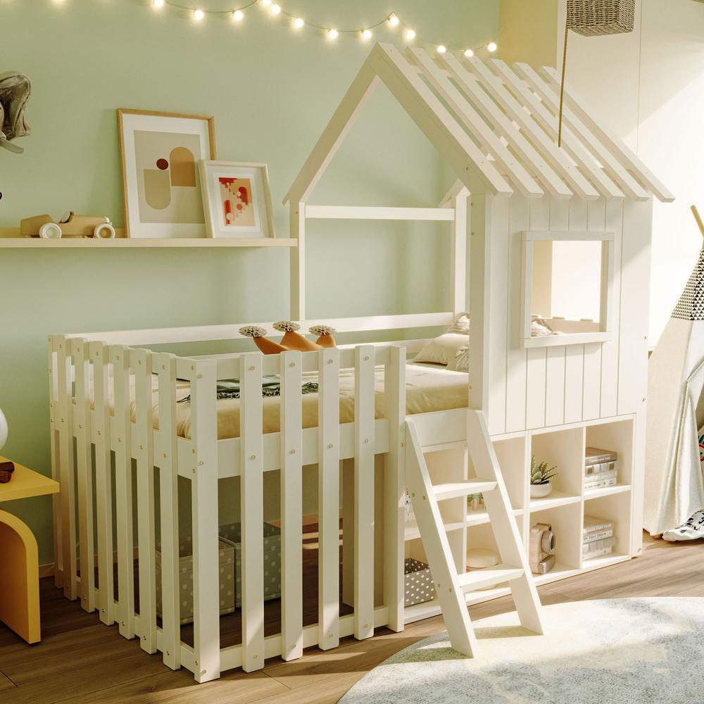 Cama infantil casinha 90x200 cm, madeira maciça, teto,arrumação,branco