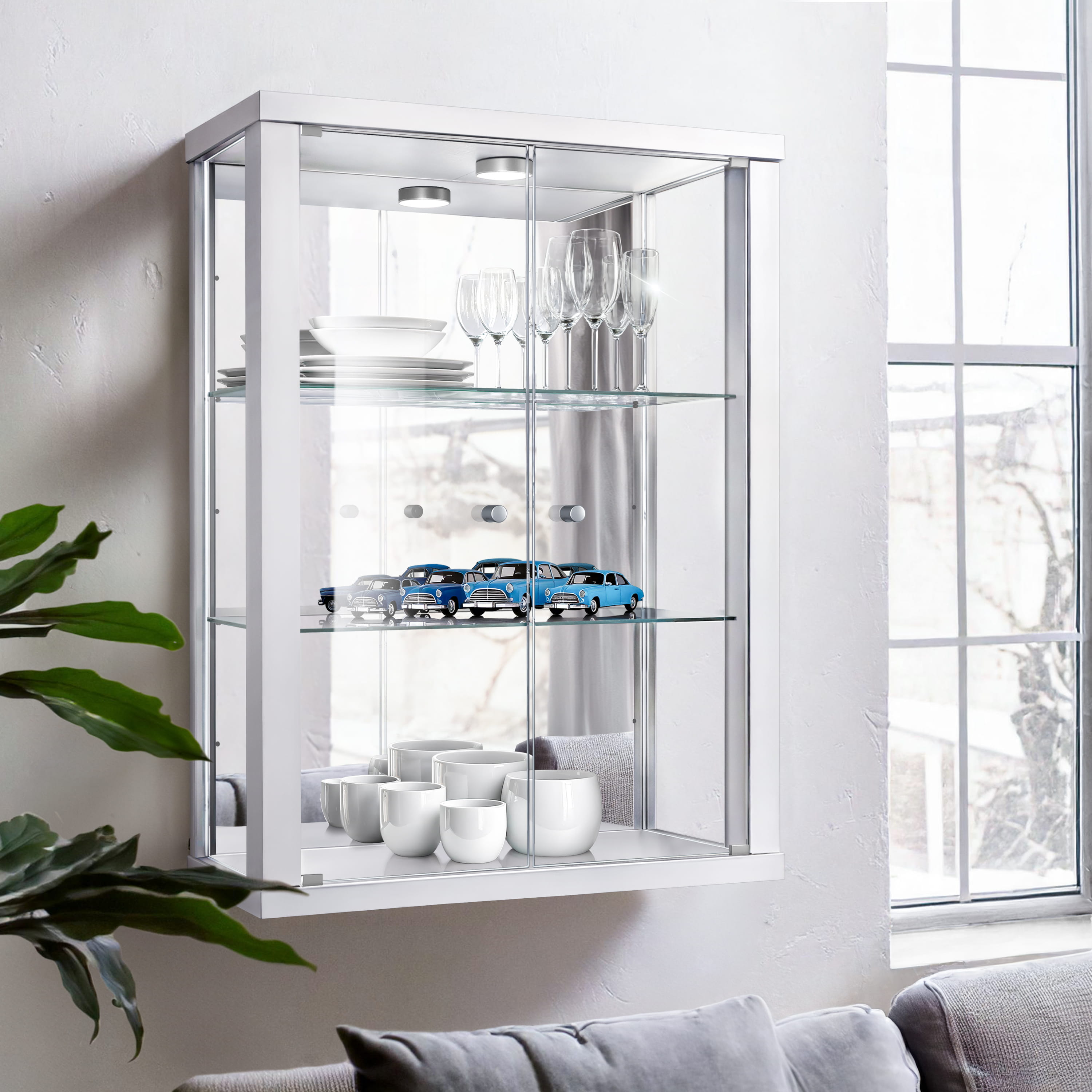 K-möbel vitrine suspensa cristal branco (80x60x25 cm) com LED e espelho