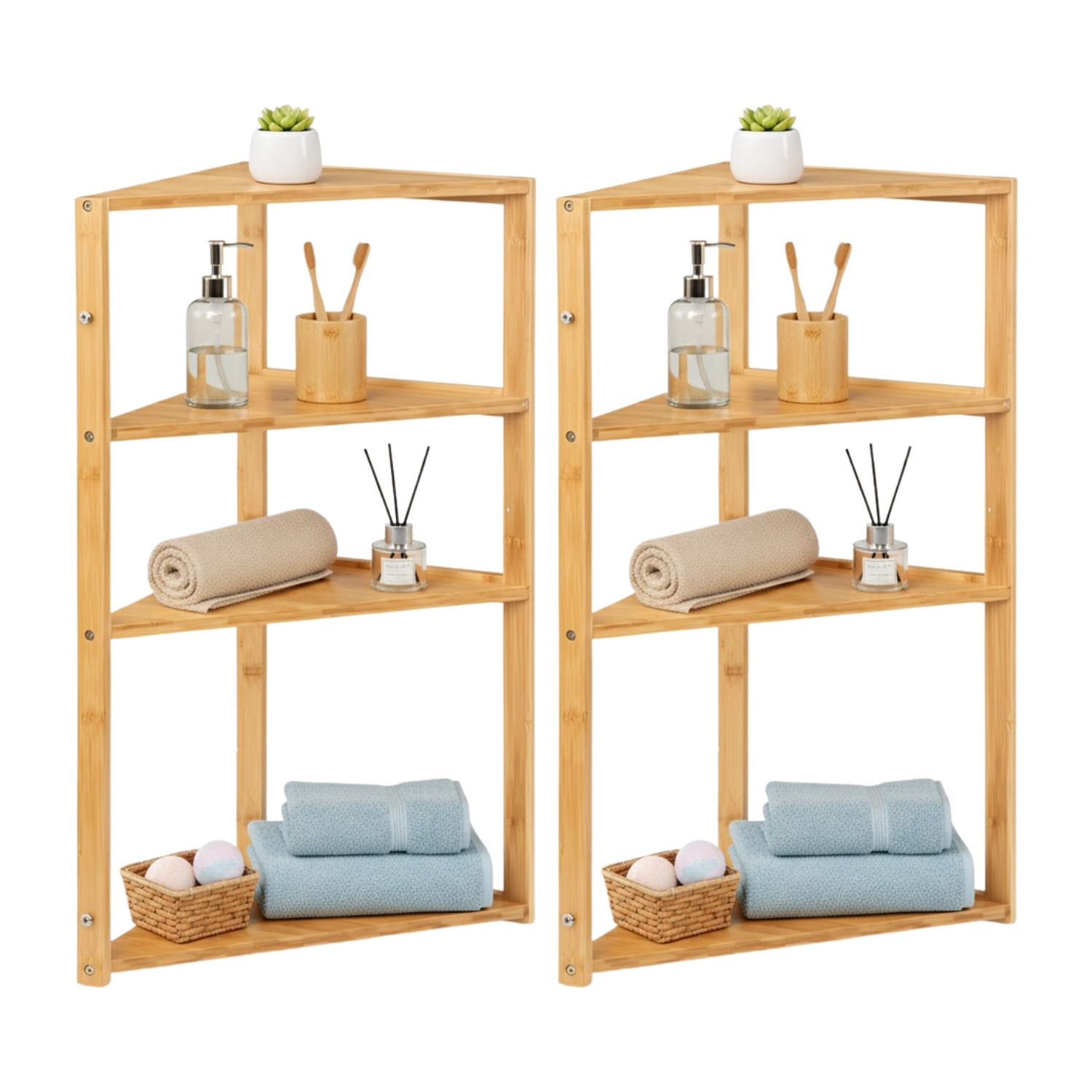 Pack 2 prateleiras de canto em bambu com 3 níveis canoply 80x36,6x33,5cm