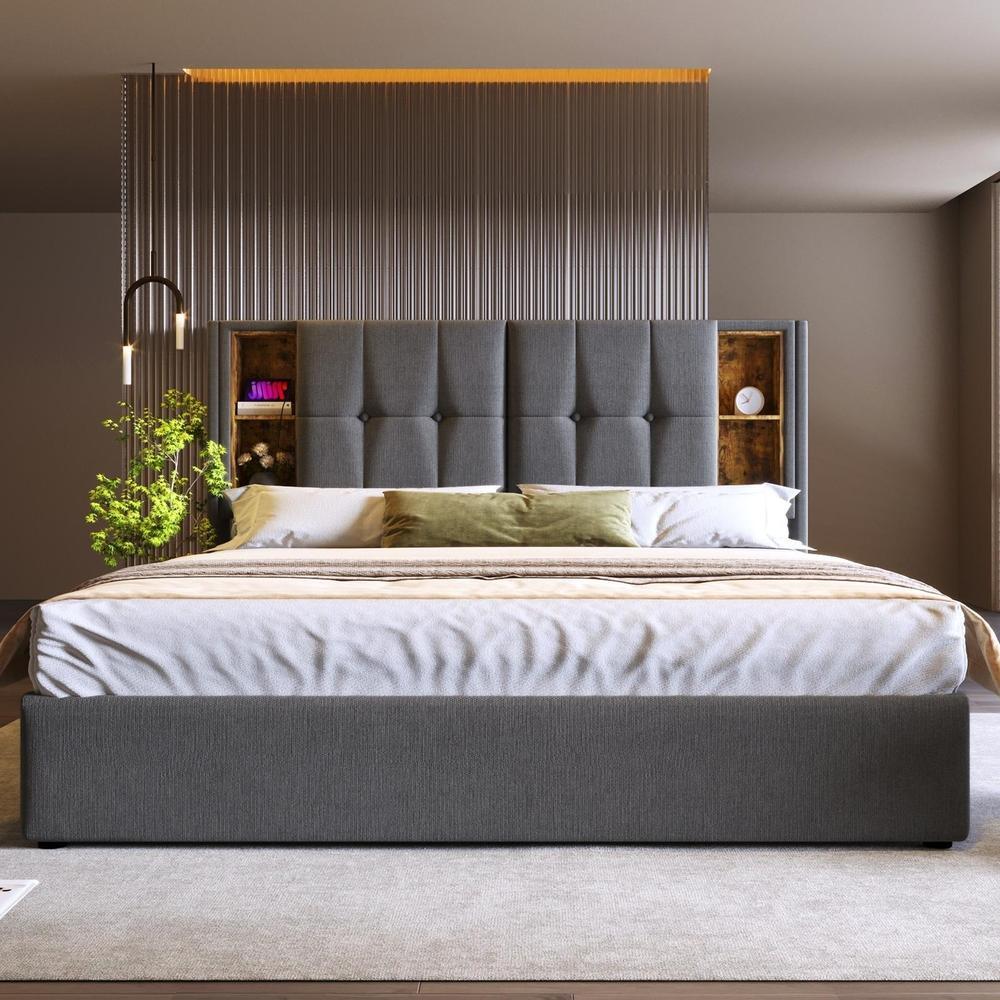 Cama de casal 140x200cm carregamento sem fios usb-c e arrumação cinza