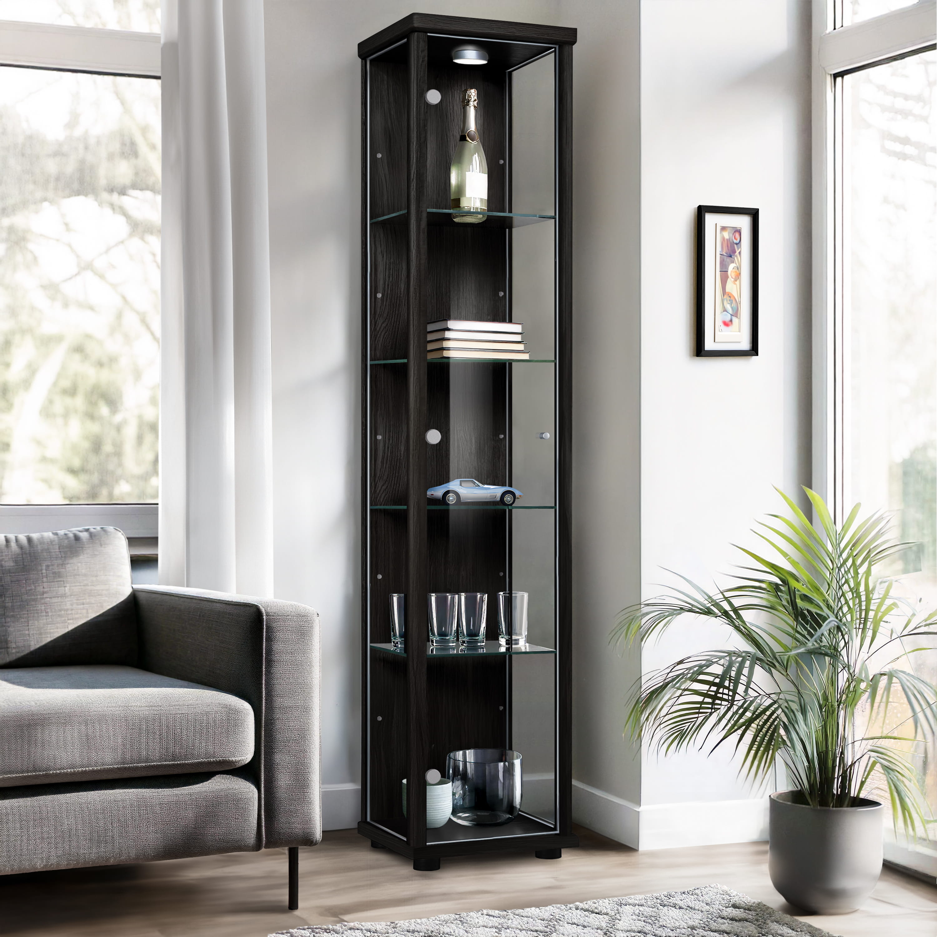 K-möbel vitrine cristal preto 176x37x33 cm 4 prateleiras reguláveis, LED