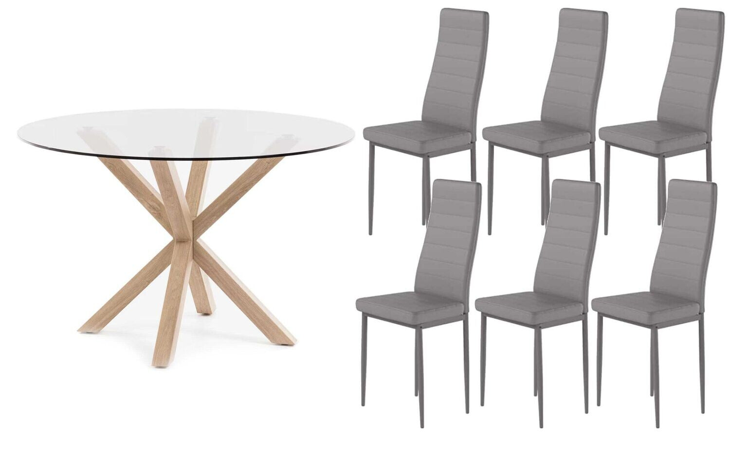 Conjunto mesa redonda em vidro temperado 120cm + 6 cadeiras couro