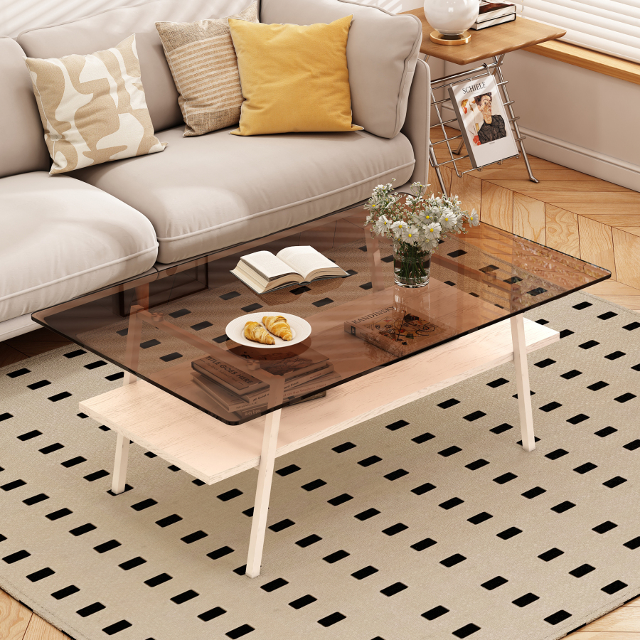 Mesa de centro moderna branco e castanho vidro 42,5x98x58cm