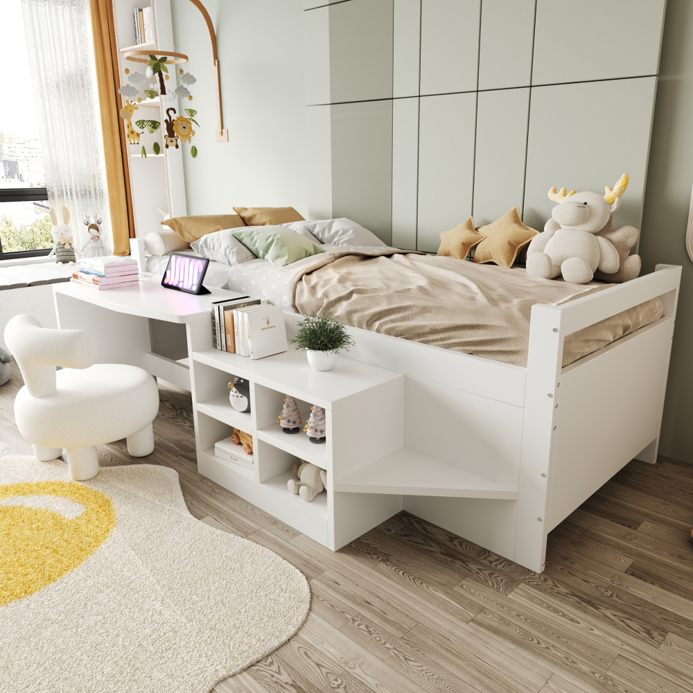 Cama individual 90x200cm com secretária e arrumação madeira – branco