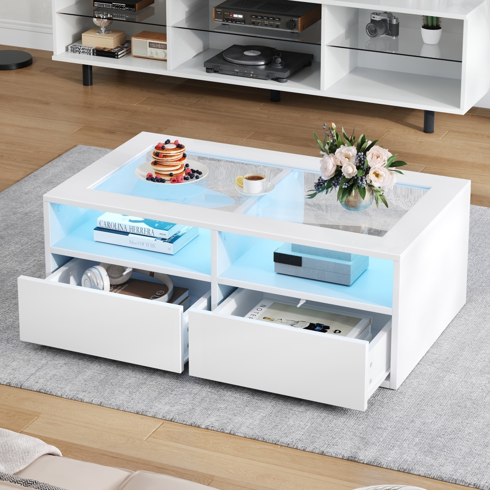 Mesa de centro com LED e 2 gavetas branco 35x100x50cm