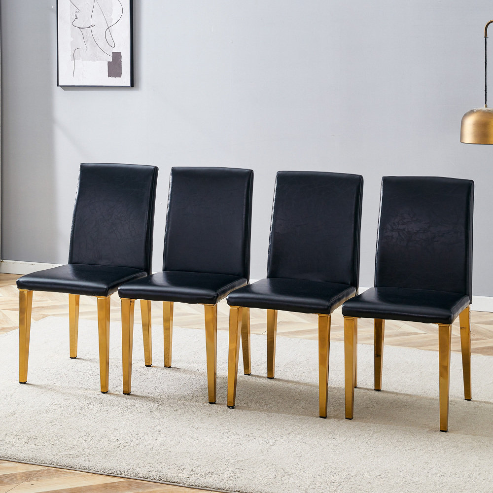 Conjunto de 4 cadeiras de jantar em pu preto e dourado moderno