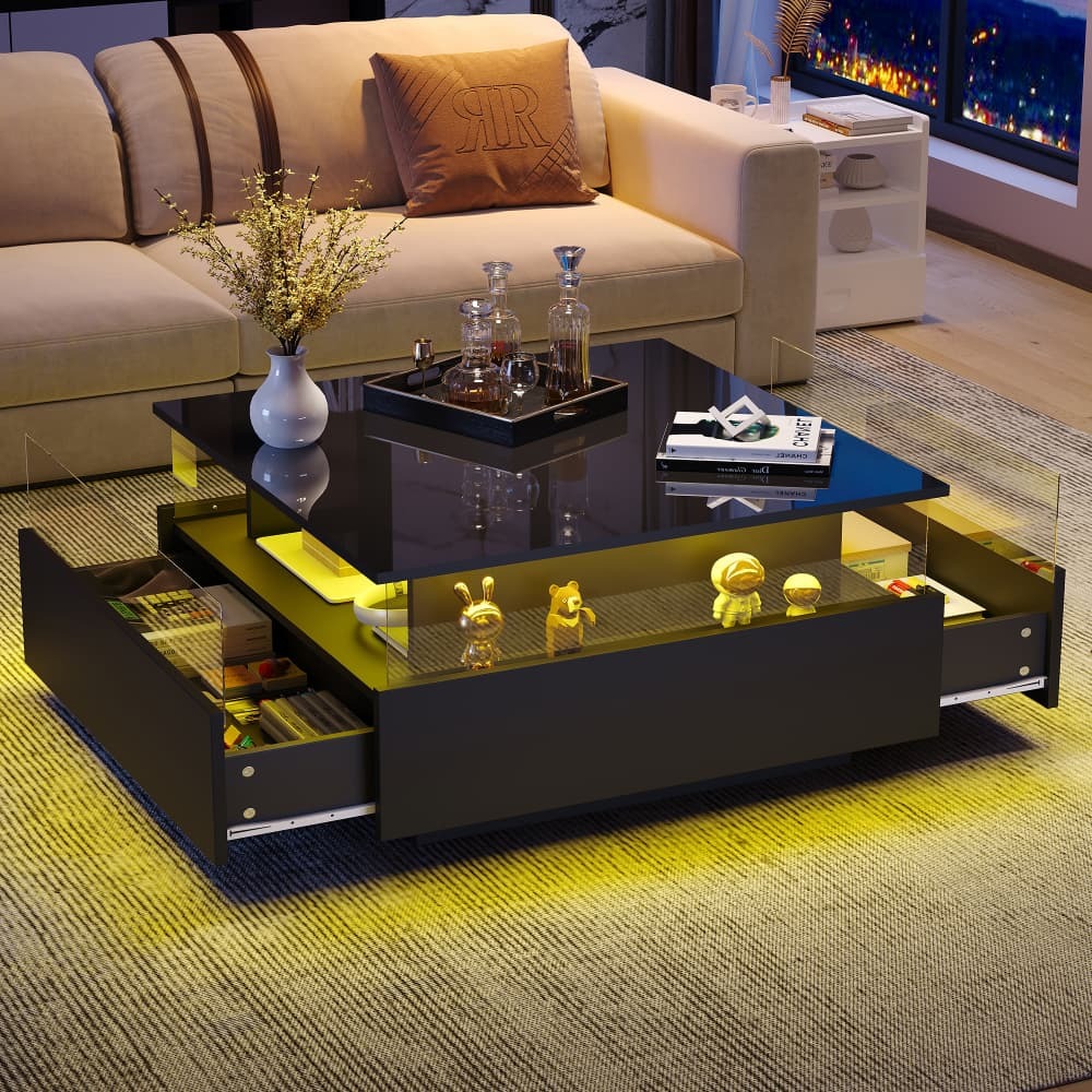 Mesa de centro com LED 2 gavetas preto 41x70x70cm