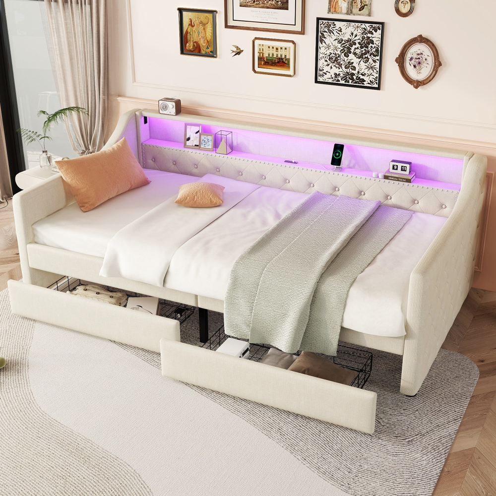 Cama multifuncional 90x200cm com LED usb e gavetas linho – cor bege