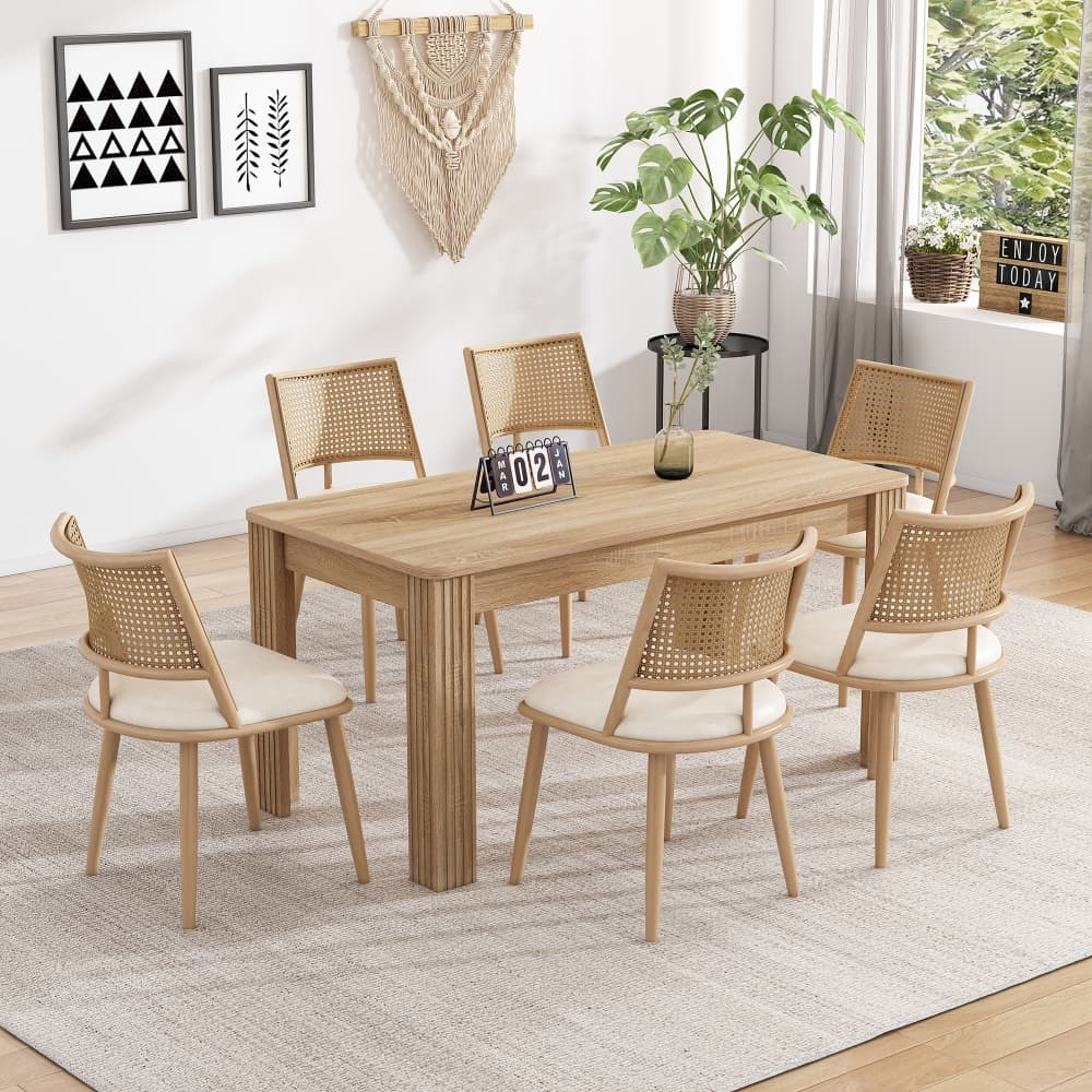 Conjunto de 6 cadeiras de jantar em rattan com assento em pu bege