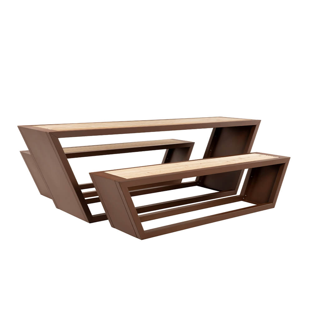 Conjunto de asientos kobon acero marrón – 2 bancos + 1 mesa