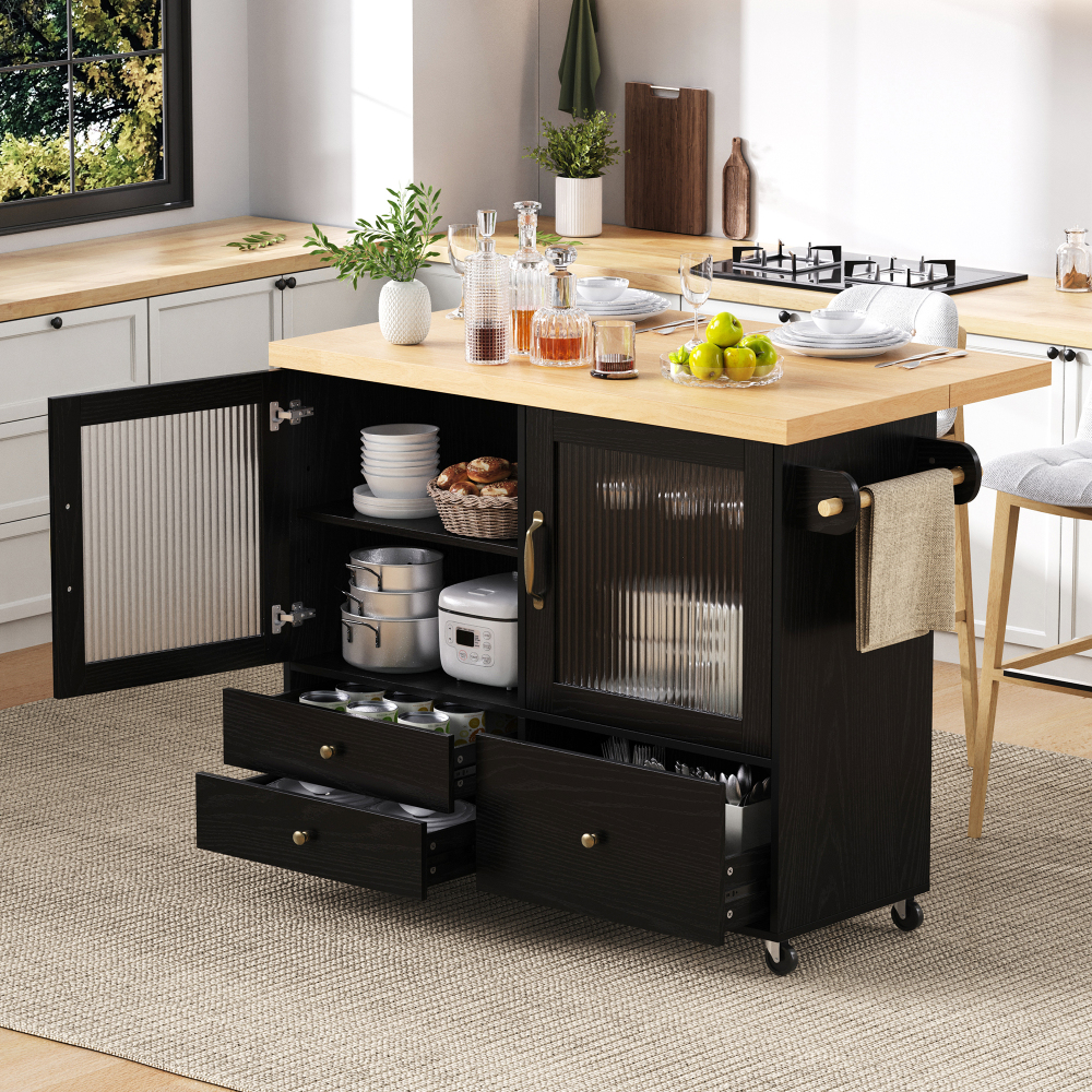 Ilha de cozinha com rodas e tampo extensível em mdf preto e natural
