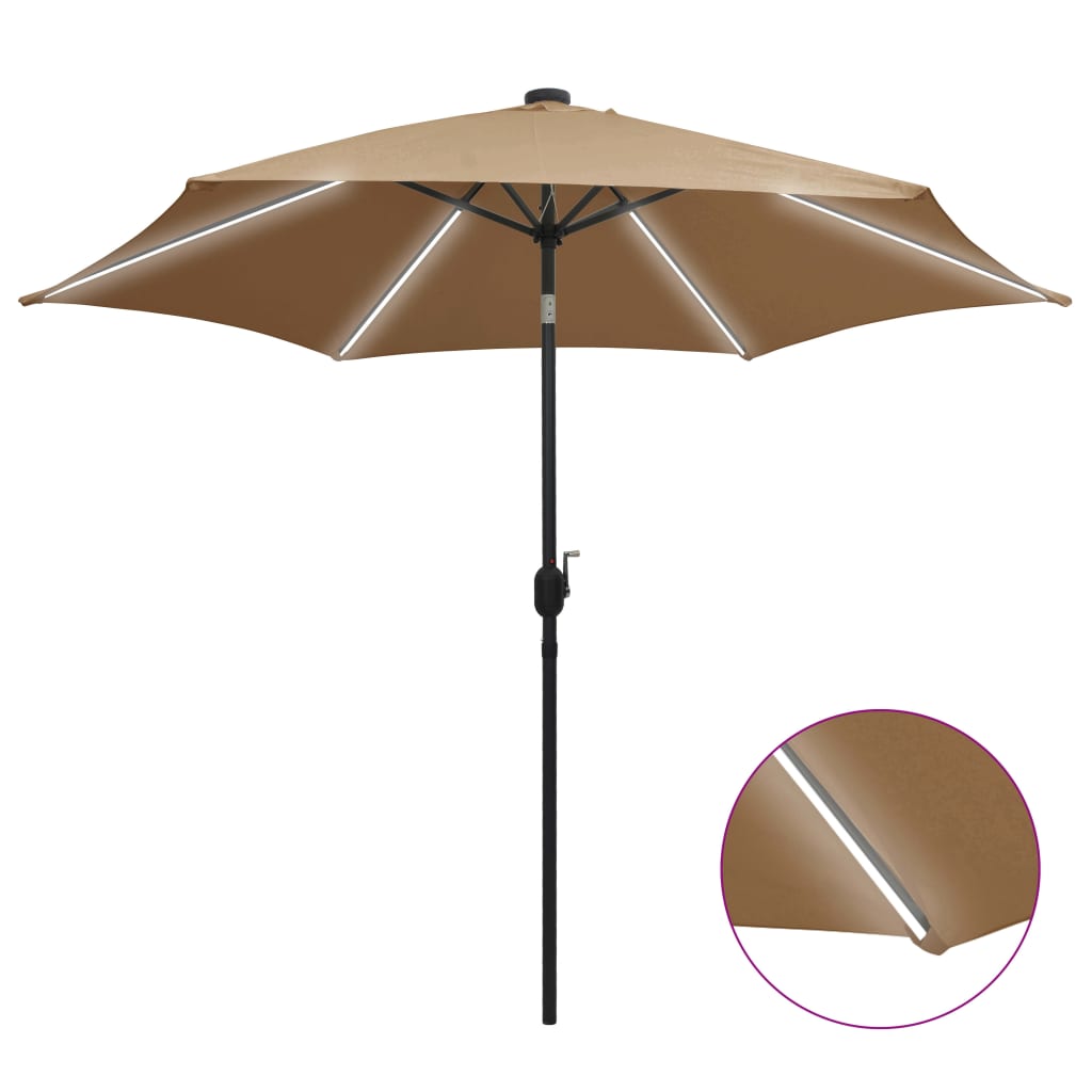 Guarda-sol c/ luzes LED/poste alumínio 300 cm cinza-acastanhado ergft1184