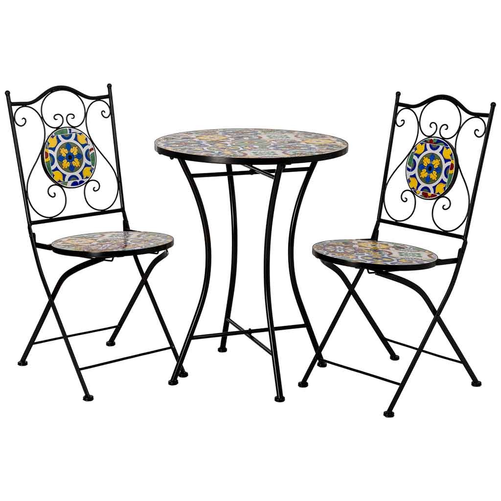 Mesa e 2 cadeiras, metal multicolorido, 60x60x75h cm, 38x46x90h cm