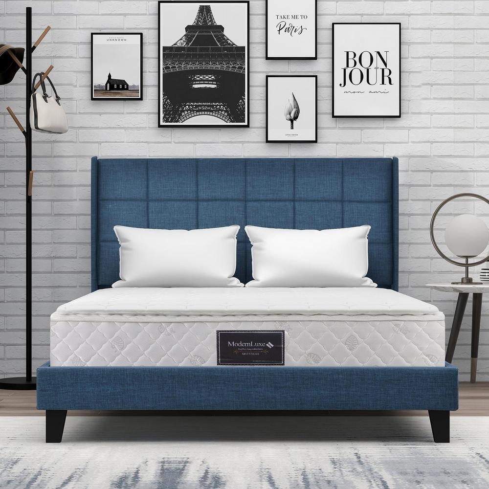 Cama casal estofada 140x200 cm azul com cabeceira acolchoada
