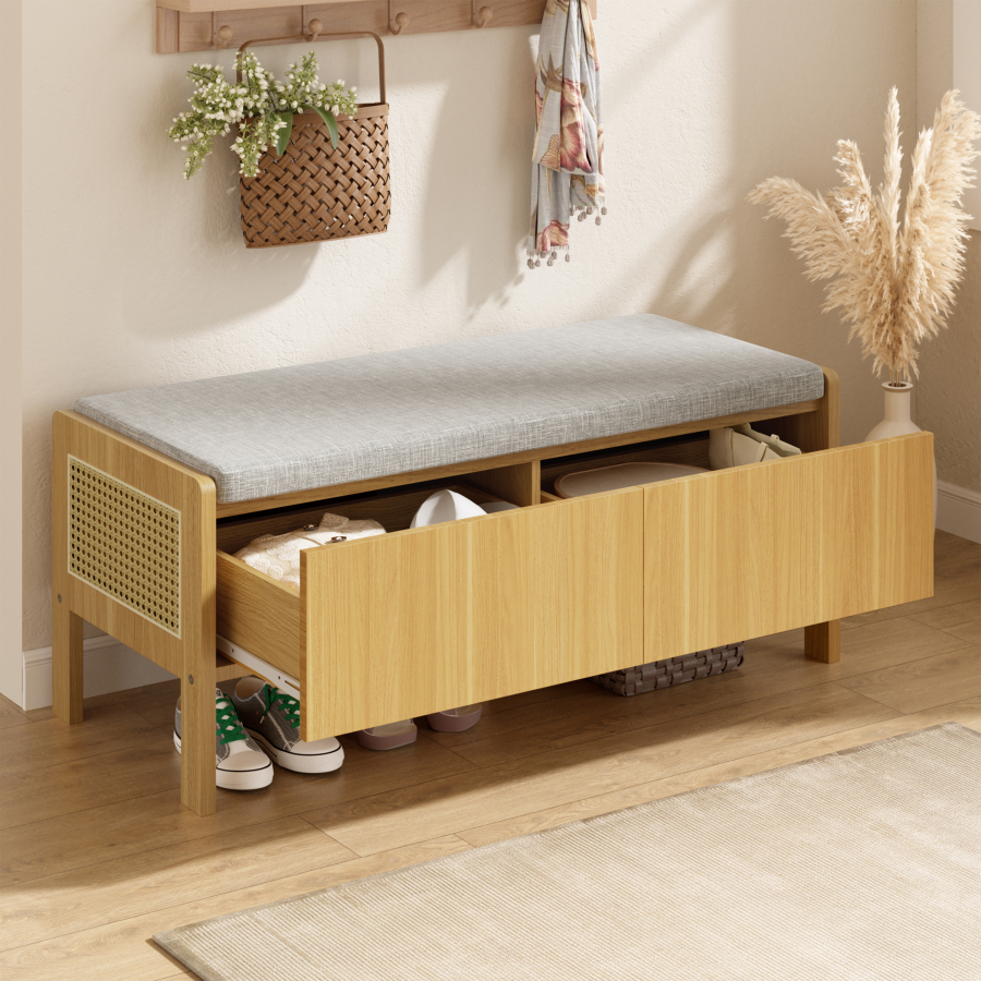 Banco de arrumação com assento bambu cinzento natural 45,5x113x40cm