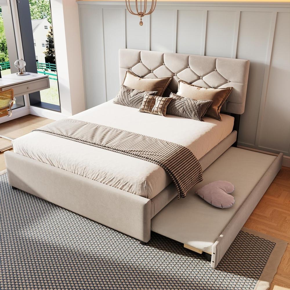 Cama 140x200cm com estrado de ripas e cama extra integrada bege