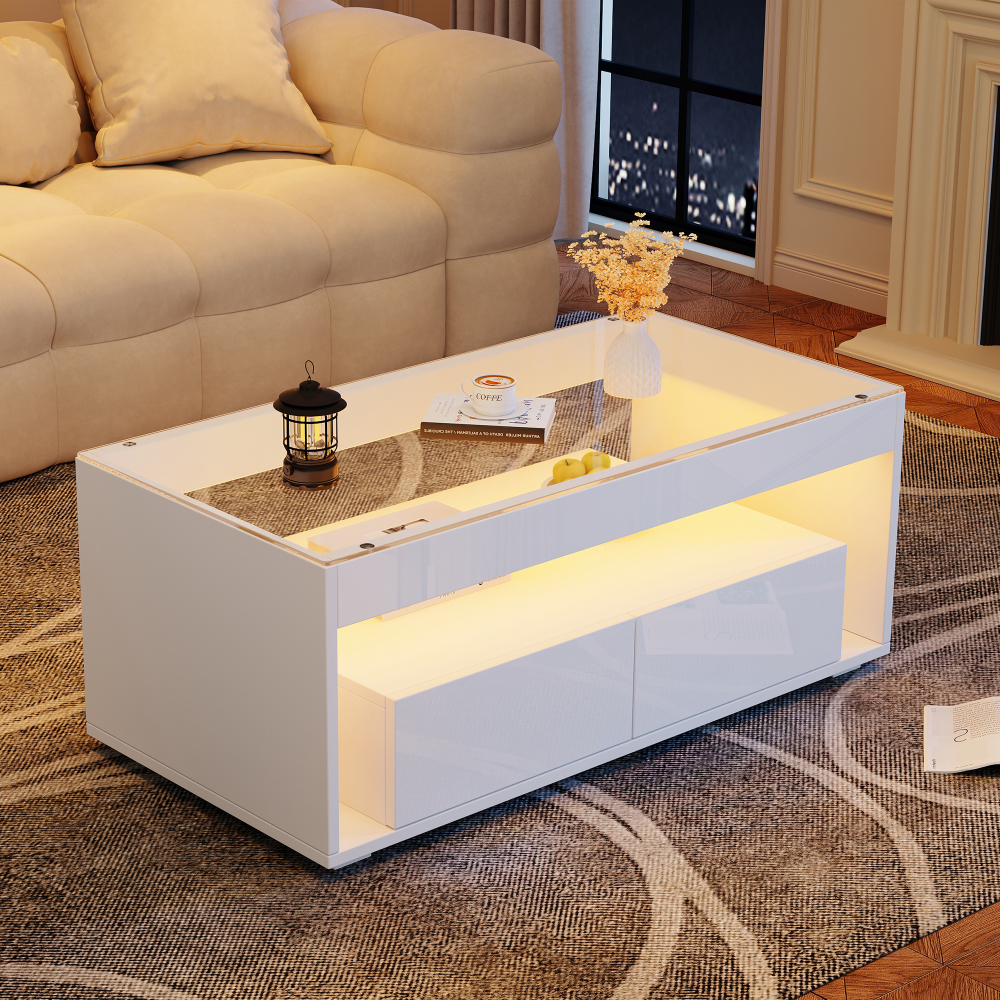 Mesa de centro com LED e 2 gavetas branco 40x100x50cm