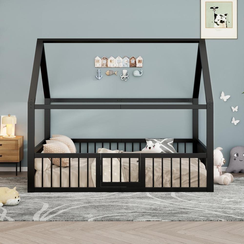 Cama infantil metálica 140x200cm preta com guarda-corpo