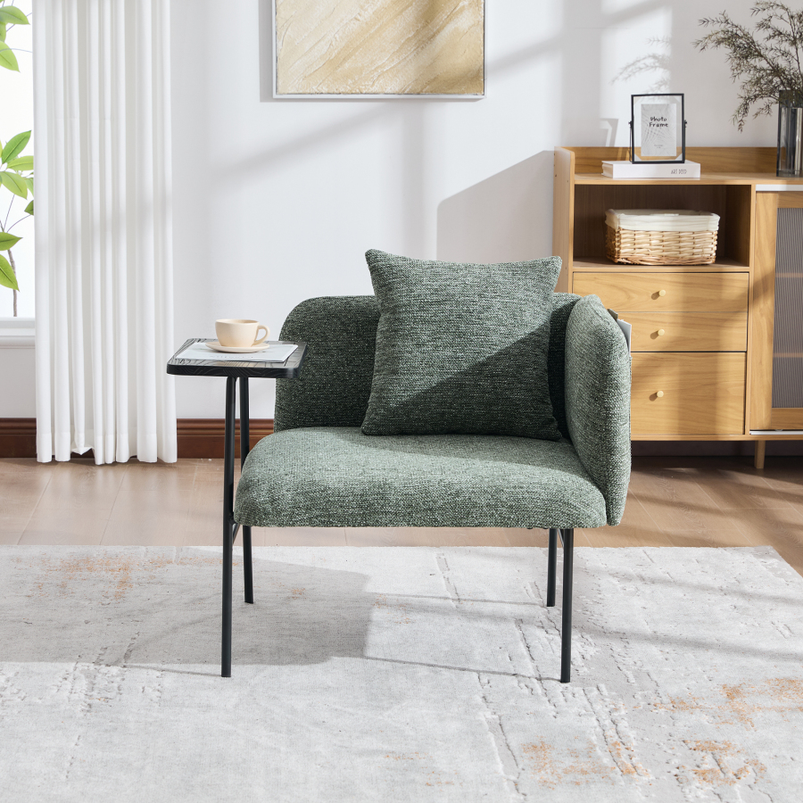 Poltrona em chenille verde esmeralda com mesa lateral e bolsos