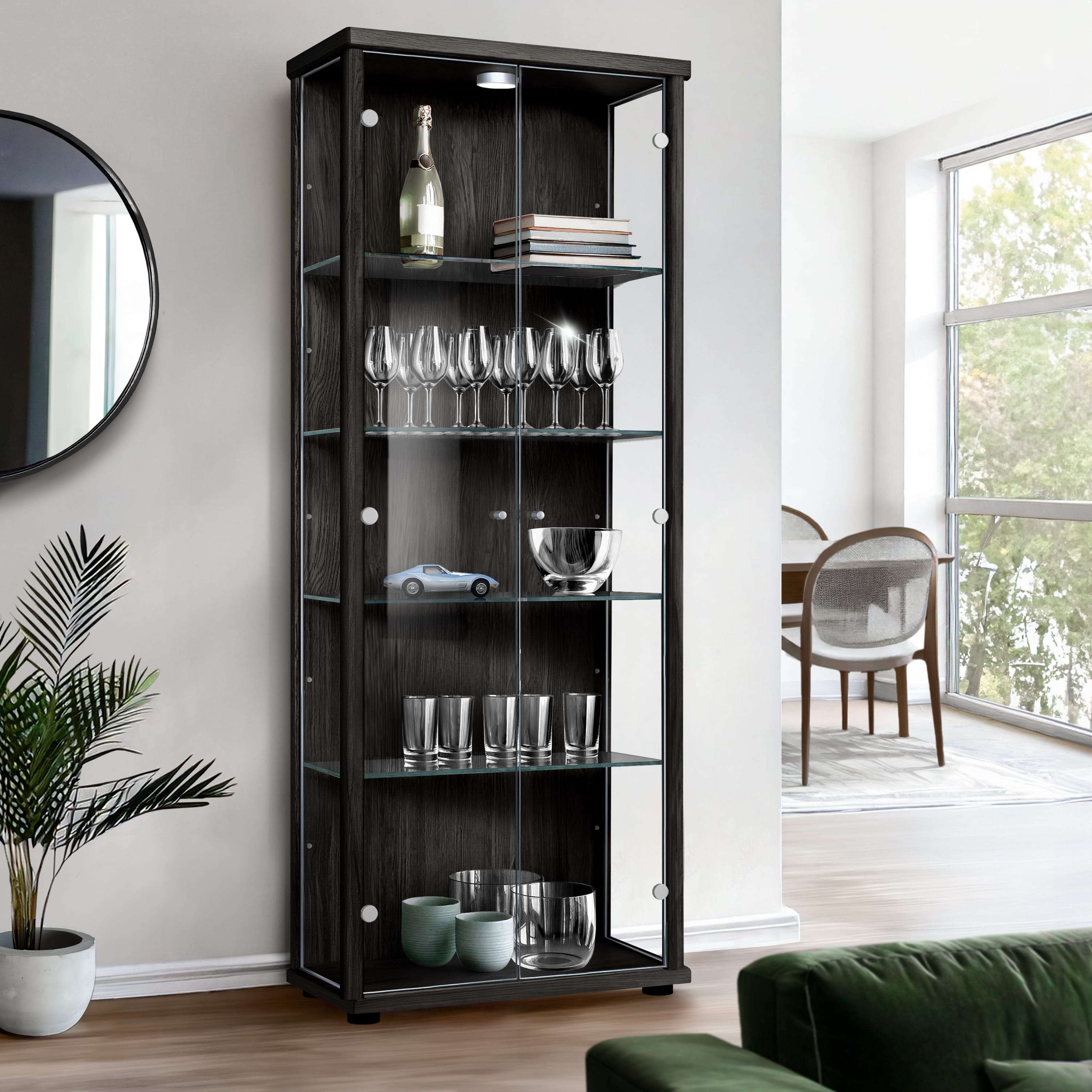 K-möbel vitrine cristal preto 176x67x33 cm 4 prateleiras reguláveis, LED