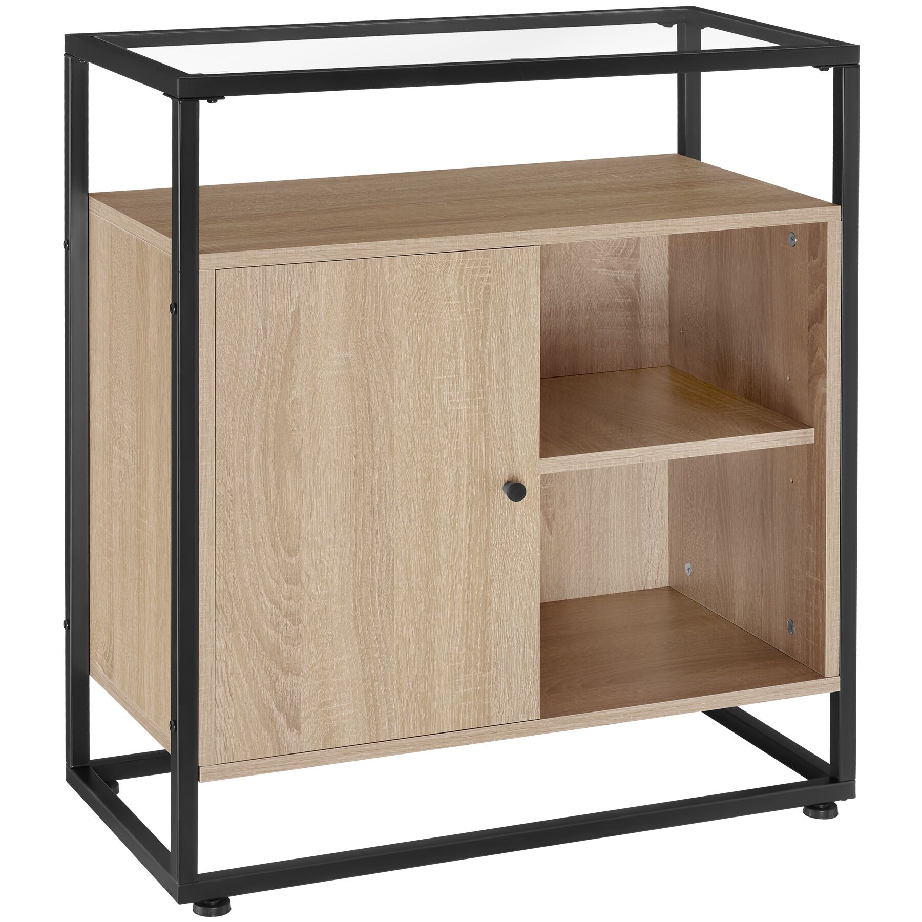 Consola estilo industrial e placa de vidrio 70x38x80,5cm madeira clara