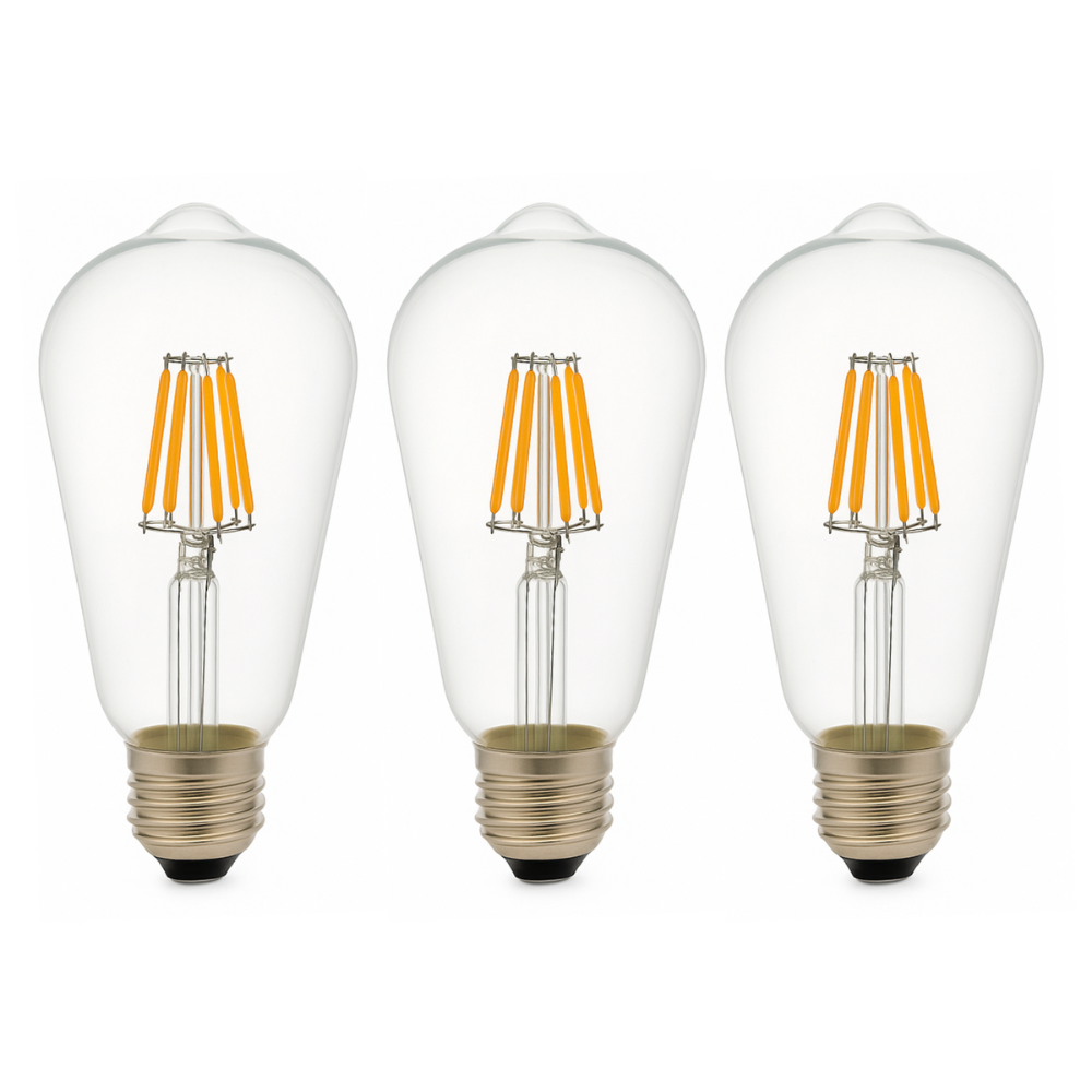 Pack x3 lâmpada LED st64 E27 edison, filamento 8w 820lm. Luz quente 2700k