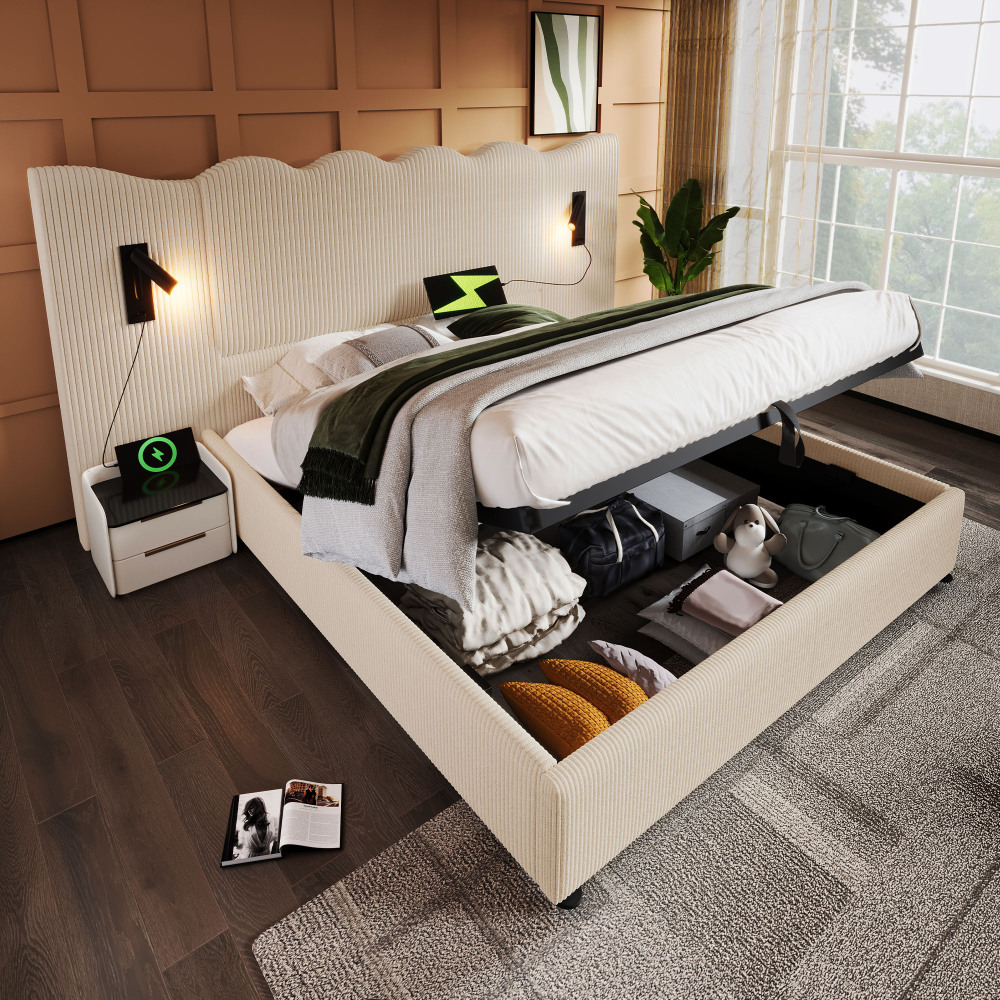 Cama de casal 180x200cm com iluminação e arrumação canelado – bege