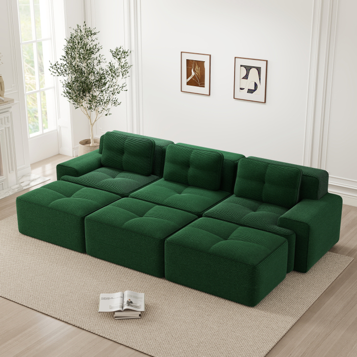 Sofá modular em l em bombazina verde 3 lugares com assento profundo