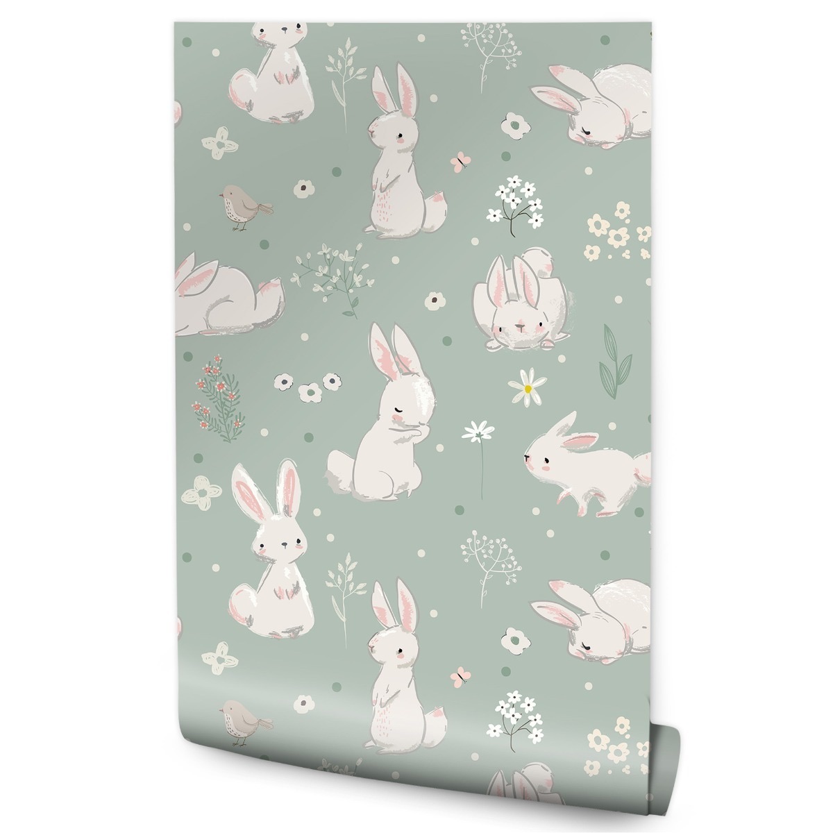 Papel de parede vilene quarto das crianças flores coelhos brancos