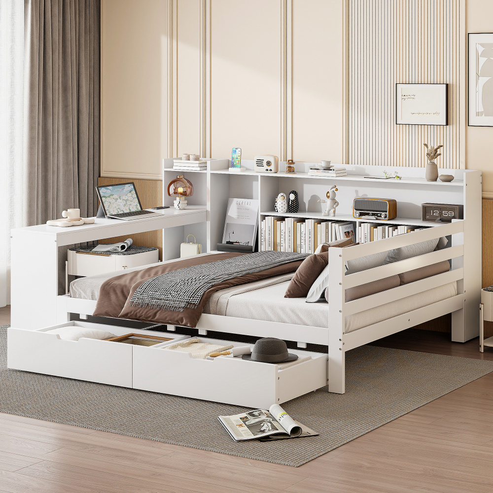Sofá cama 140x200 cm com secretária e arrumação madeira – branco