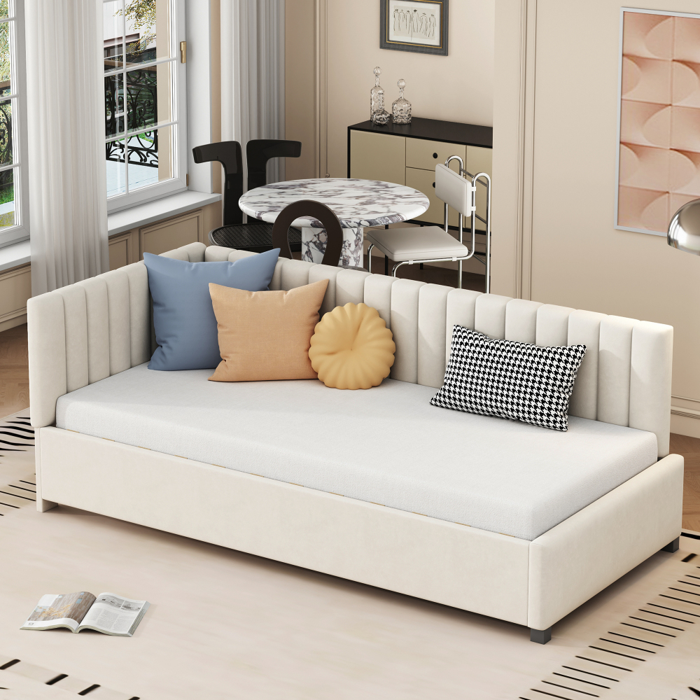 Sofá-cama estofado em veludo bege 90x200 cm com estrado