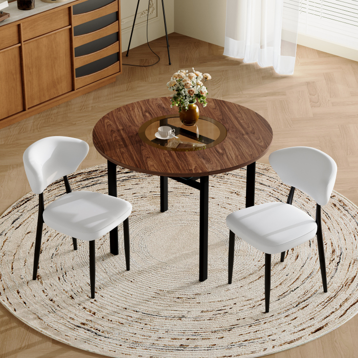 Conjunto mesa redonda e 2 cadeiras pu branco madeira e vidro castanho