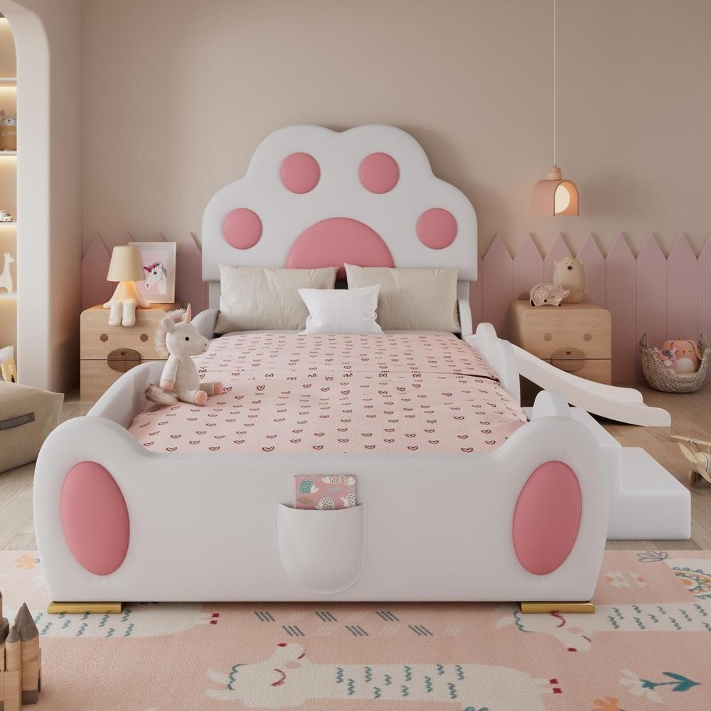 Cama infantil 90x200cm com escorrega e escada branca e rosa