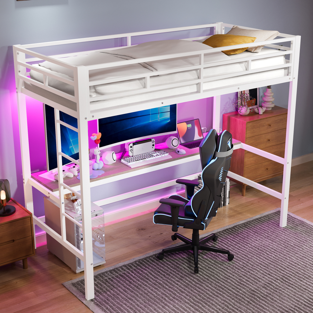 Cama alta 90x200cm com secretária e LED metal – branco