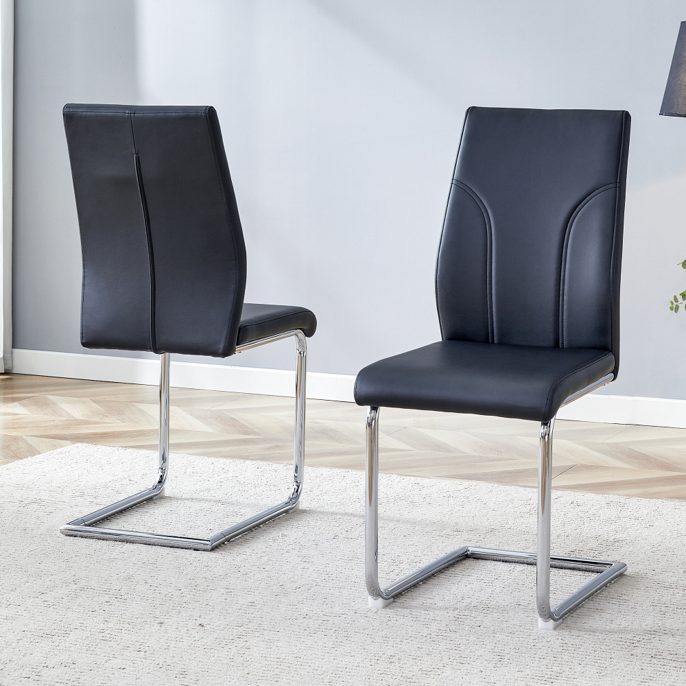 Silla de comedor pu negro set de 2 con patas metálicas plateadas