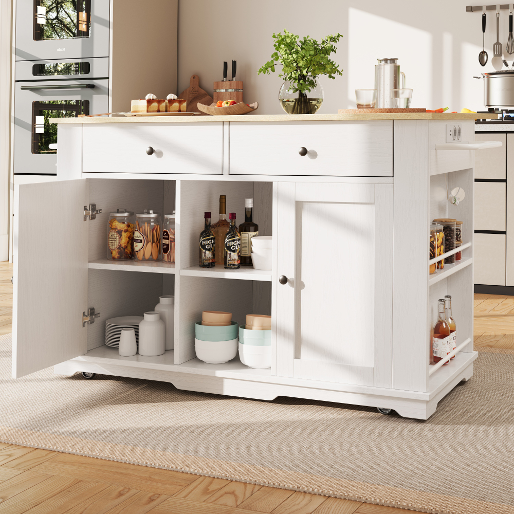 Ilha de cozinha com tomadas e tampo dobrável branco e natural