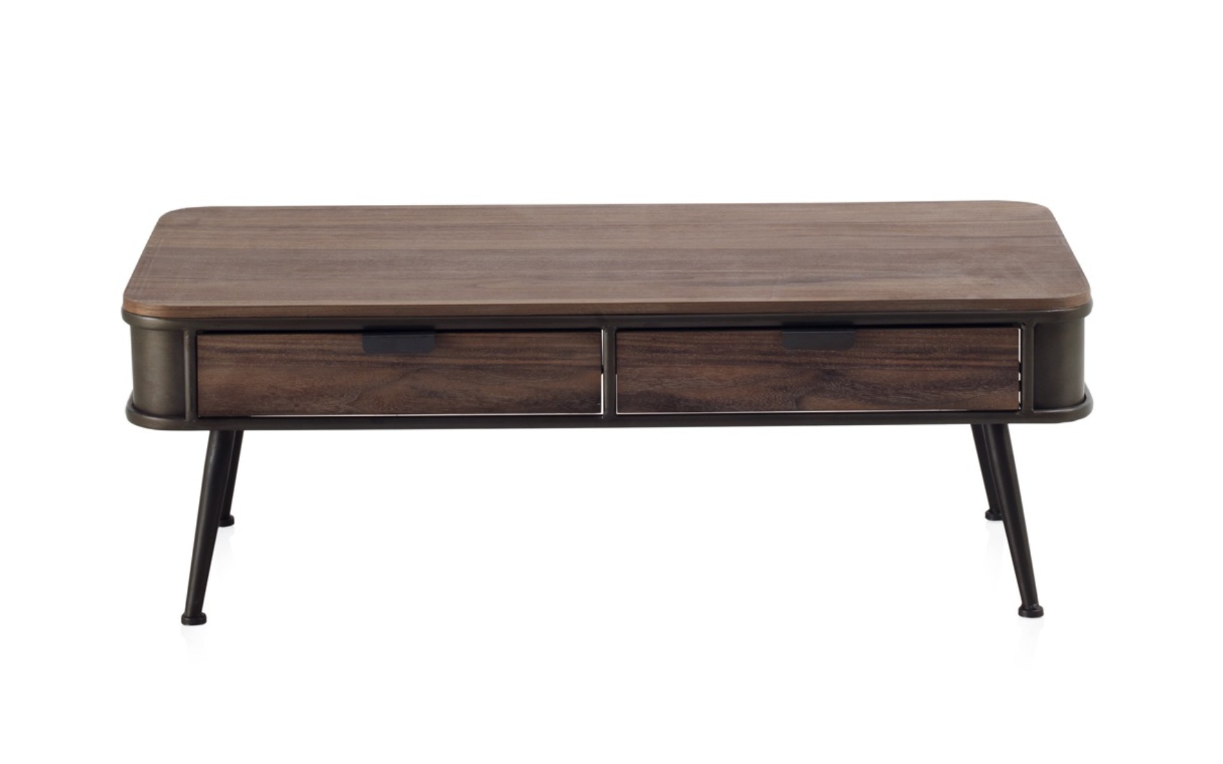 Mesa de centro de metal com tampo de madeira e 2 gavetas, 120x60x42cm
