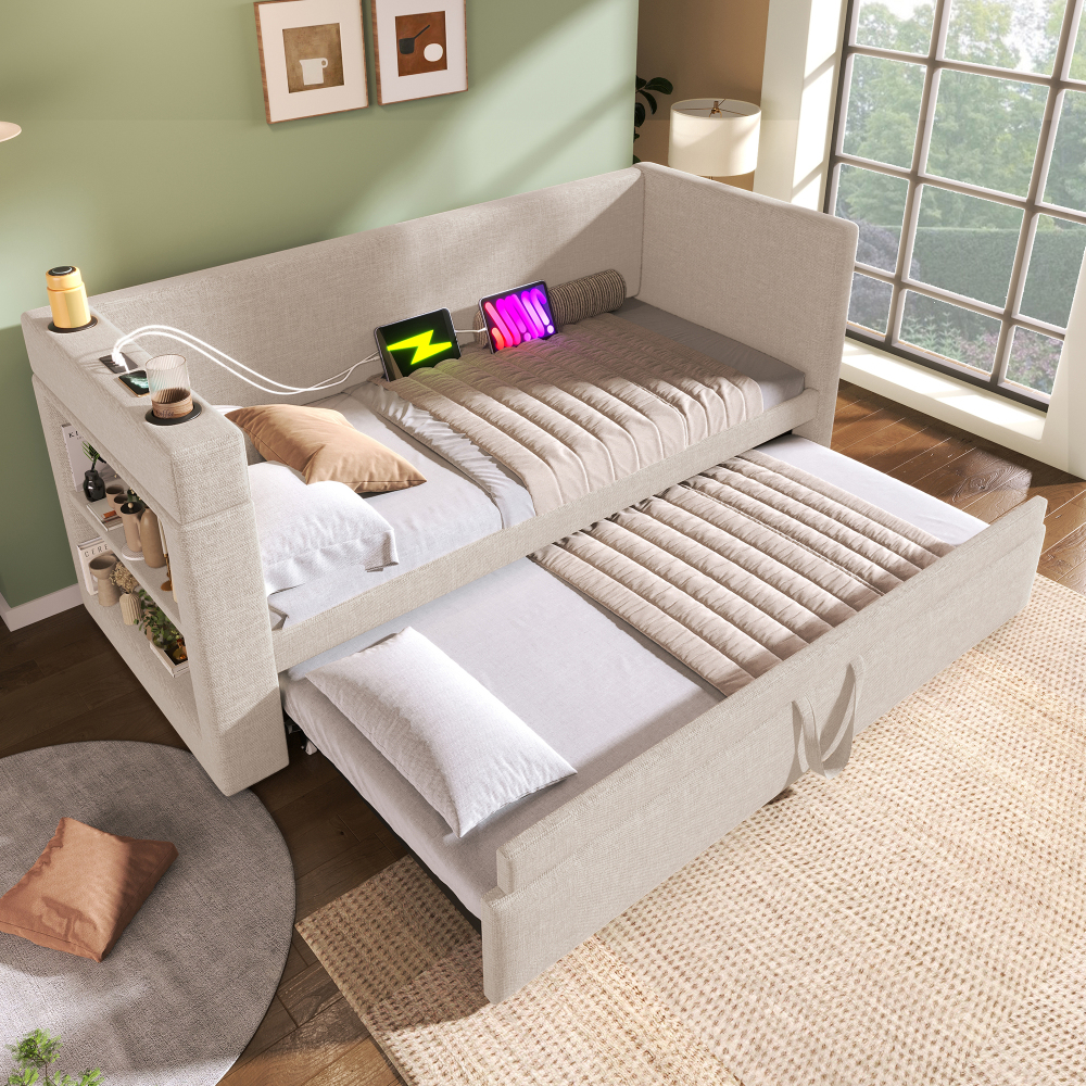 Sofá cama 90x190cm com cama extra e arrumação linho e aLGodão – bege