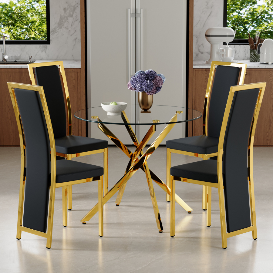 Conjunto mesa e 4 cadeiras de jantar vidro 88cm preto e dourado