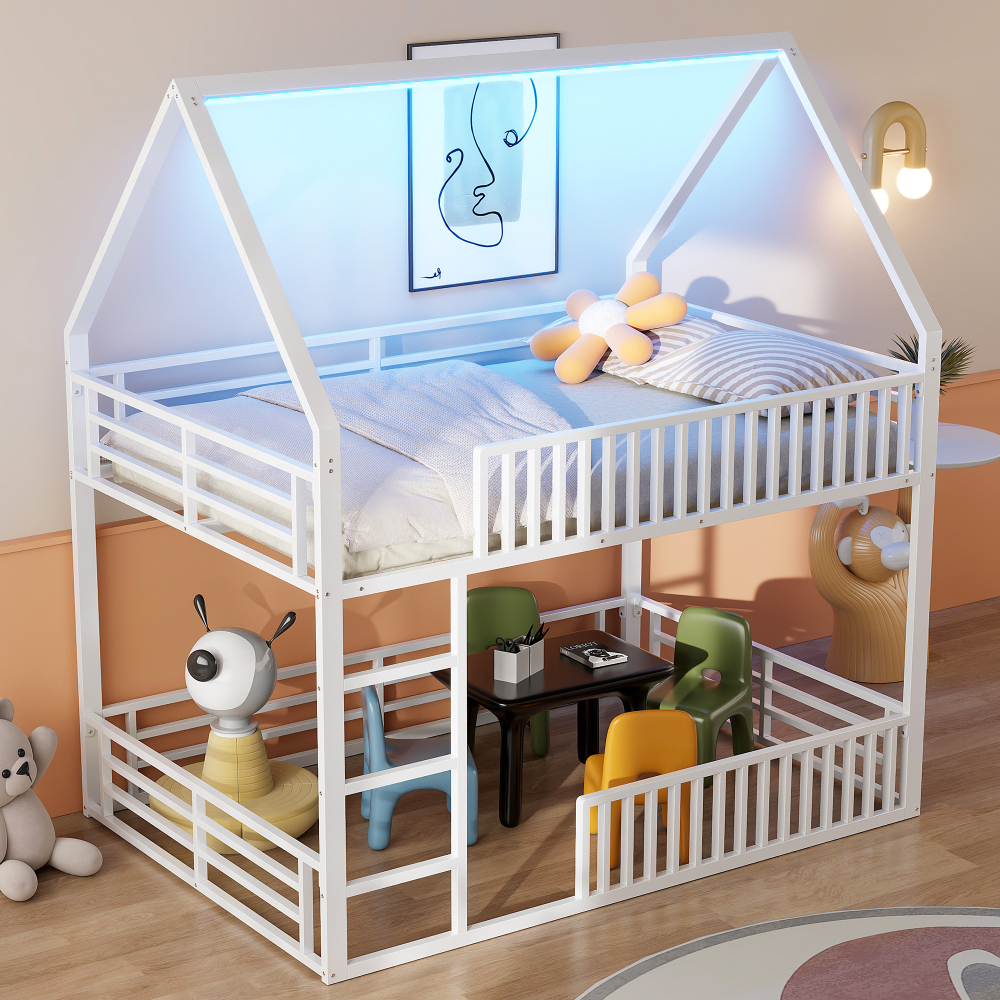 Beliche casa 140x200cm com LED e grade de proteção metal – branco
