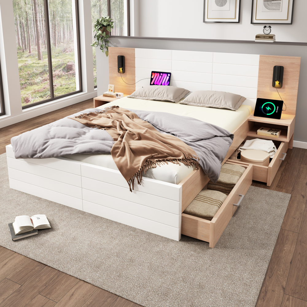 Cama de casal 180x200cm com arrumação luz de leitura usb madeira mdf branco