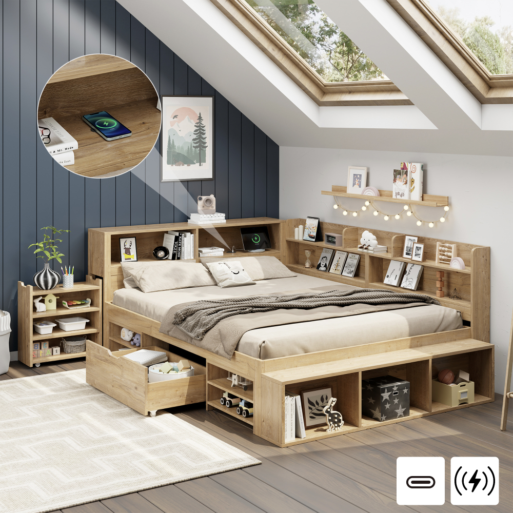 Cama infantil 140x200cm com arrumação em contraplacado – natural