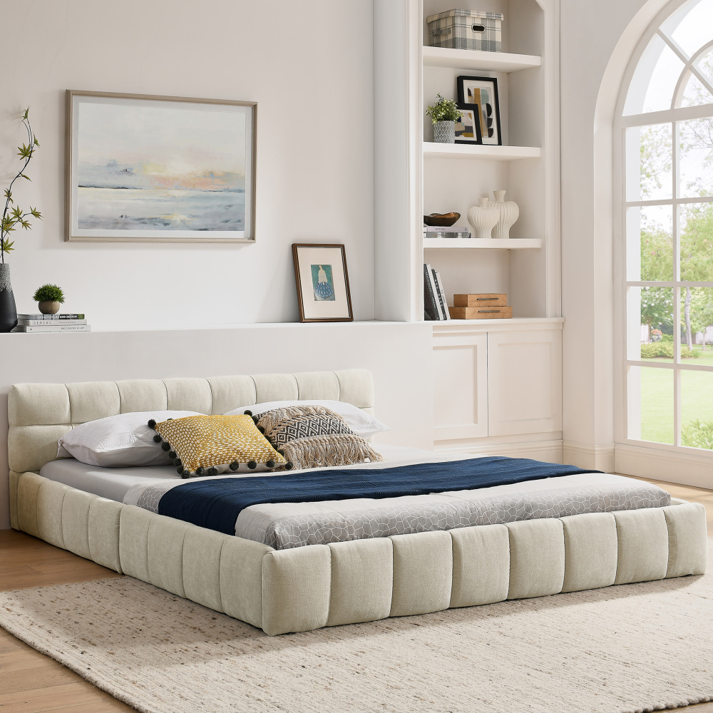 Cama de casal 160x200cm com estrutura em madeira e ferro chenille bege