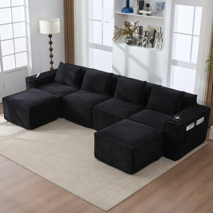 Sofá modular em bombazina preto 4 lugares com 2 pufes e porta-copos