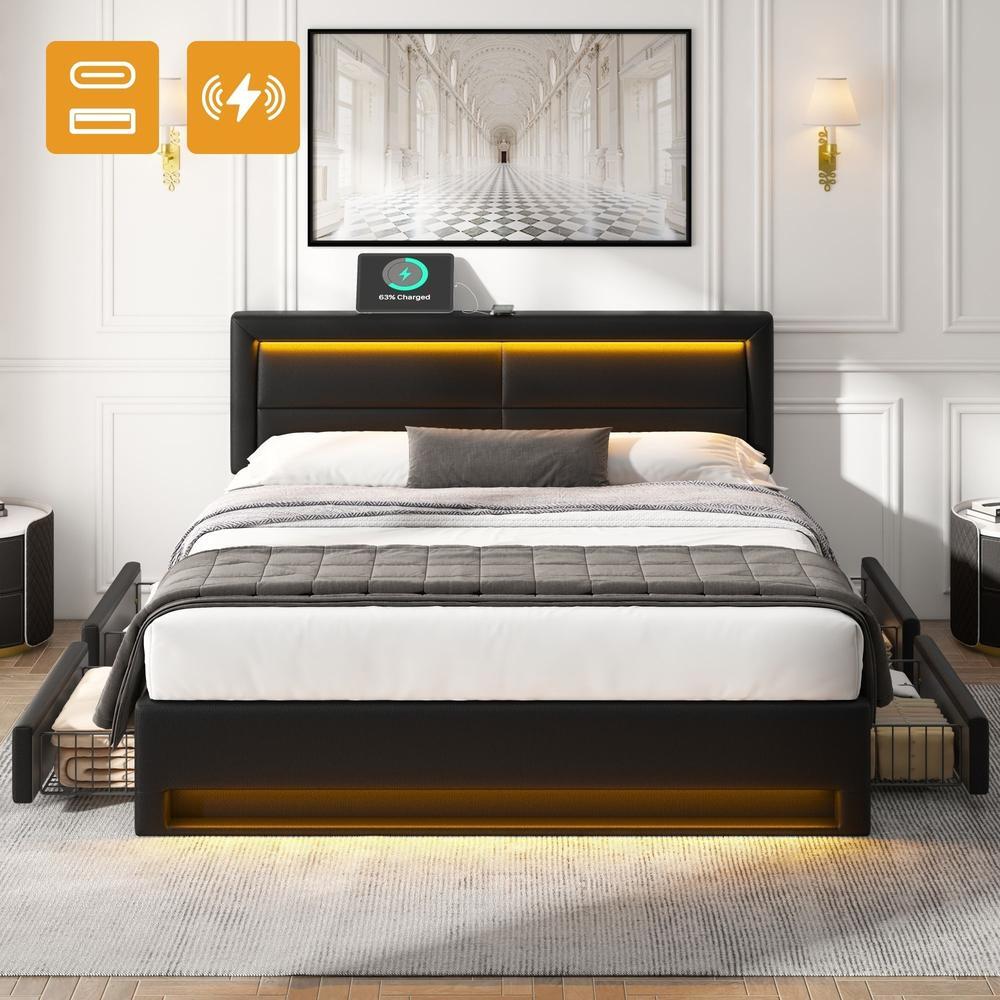 Cama de casal 140x200cm, usb, carregamento sem fios, 4 gavetas, preta