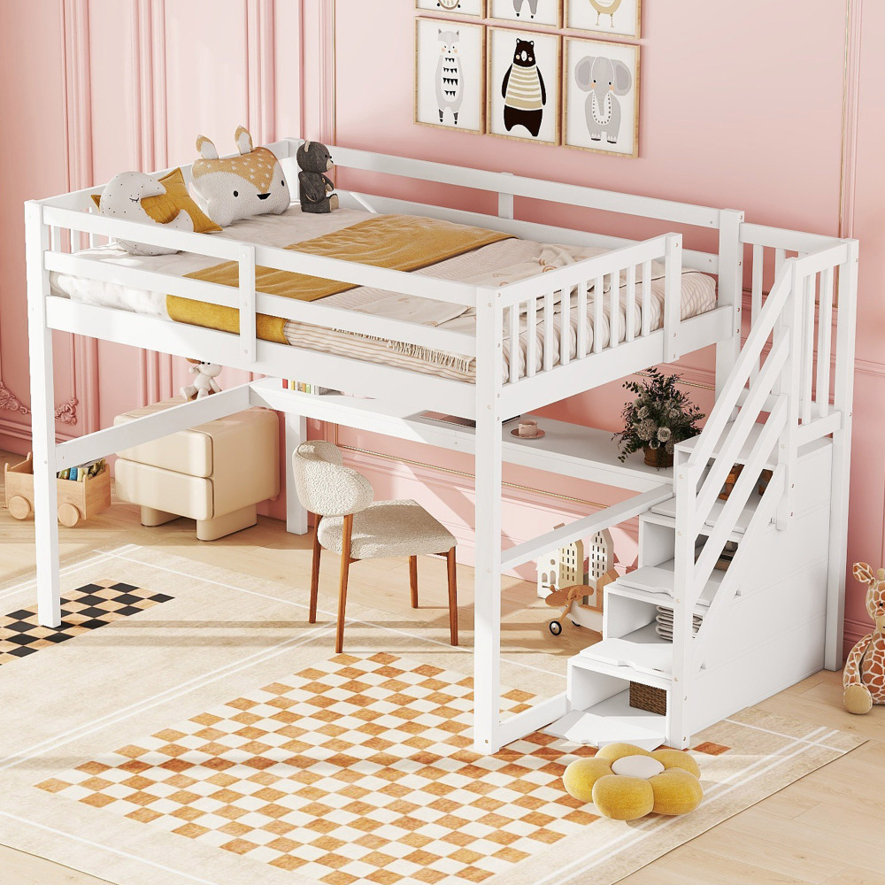 Cama alta 140x200cm com secretária e arrumação madeira de pinheiro – branco