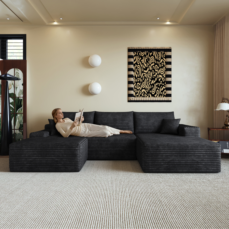 Sofá modular de canto com chaise longue em l tecido canelado preto 270 cm