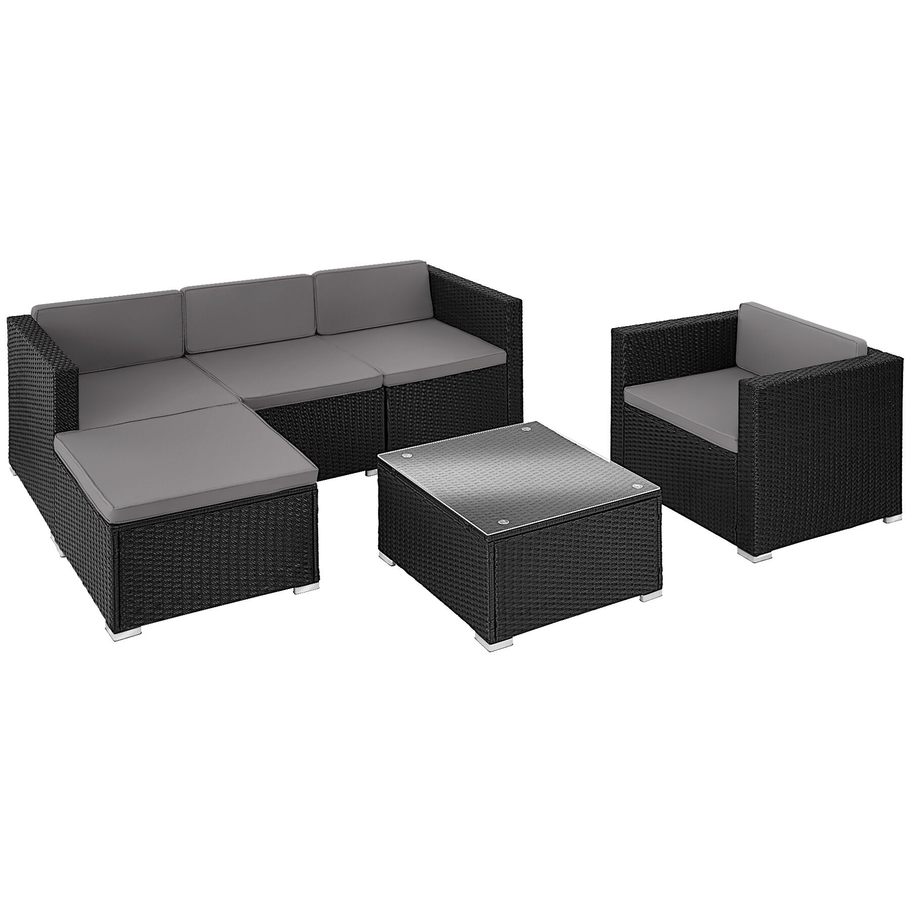 Conjunto de rattan com tablero de vidrio e proteção uva, preto