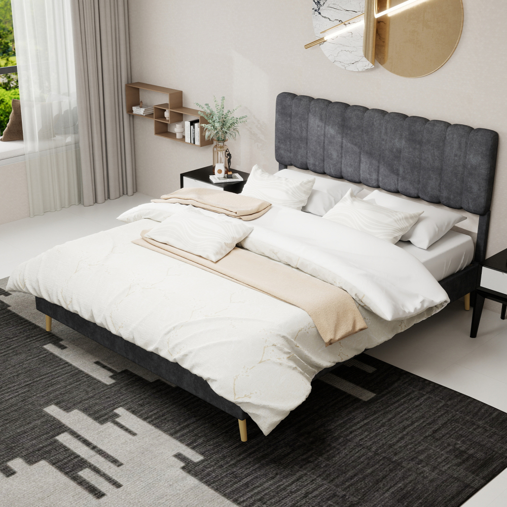 Cama estofada 160x200cm estrutura baixa tecido e metal cinzento