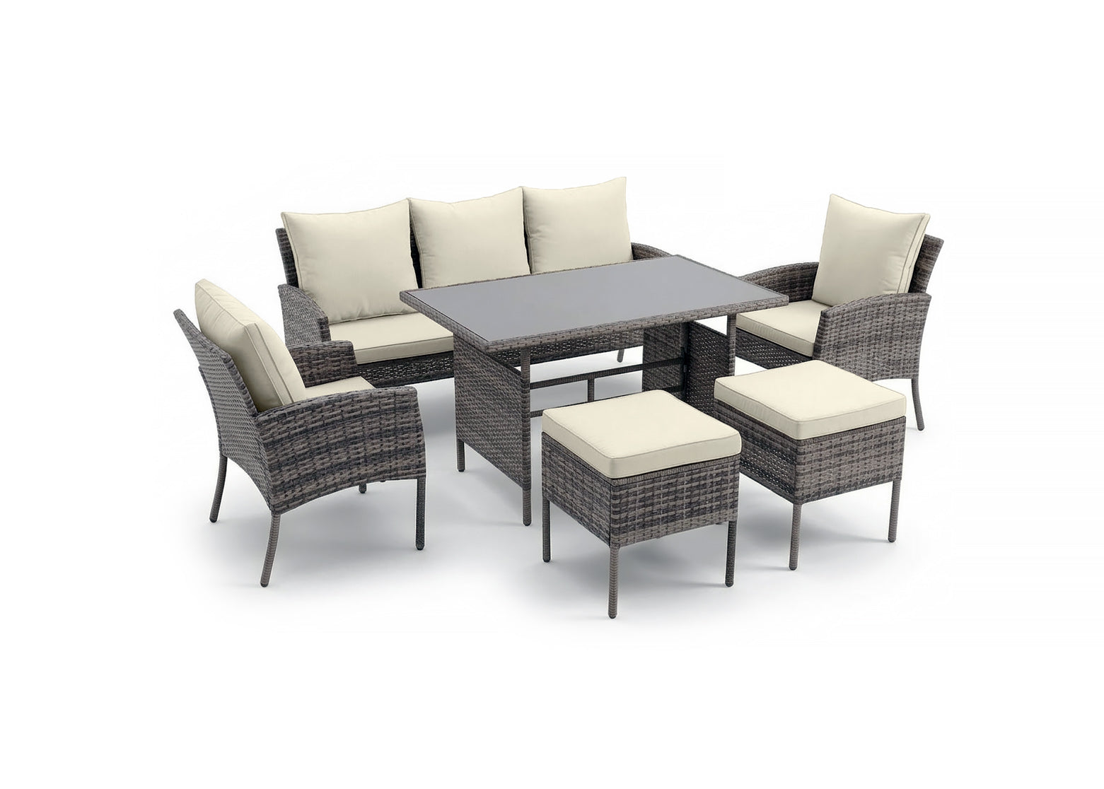 Conjunto de sofá, 2 cadeiras, mesa e 2 pufes em rattan pe. Mobiliário para